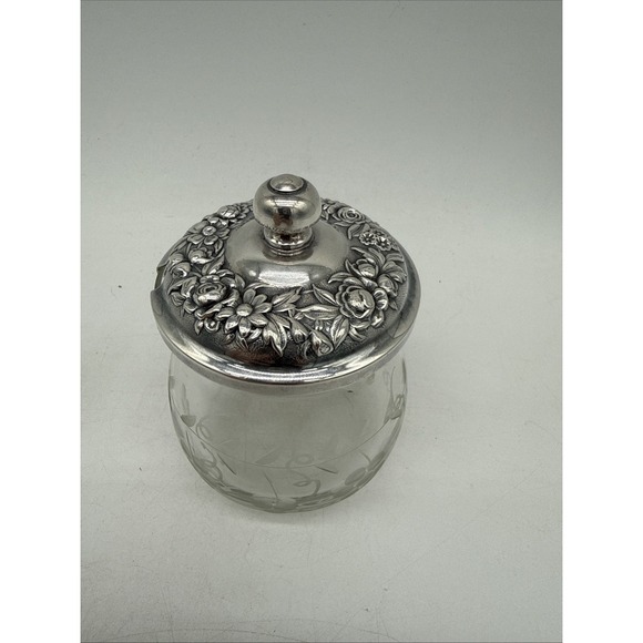 Vintage S Kirk & Son Repousse #20F Cut Glass Jam Jar Sterling Silver - Picture 2 of 7